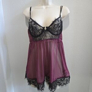 seven til midnight sheer plum nightie with black lace size large